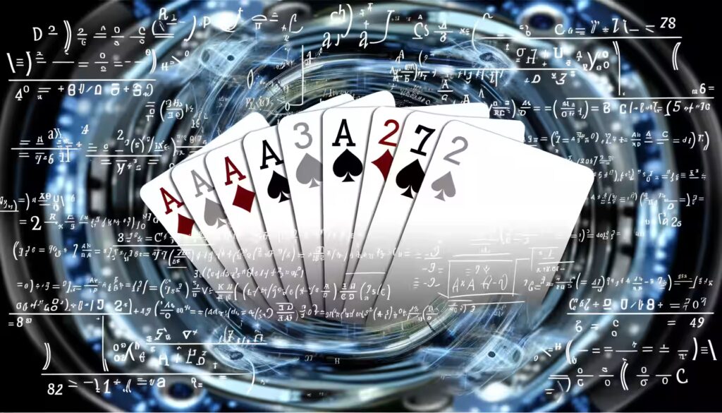 Blackjack Strategie: 5 geheime Tricks für Profis 2 Karten mit darüber schwebenden mathematischen Formeln, die eine wissenschaftliche Herangehensweise zeigen.