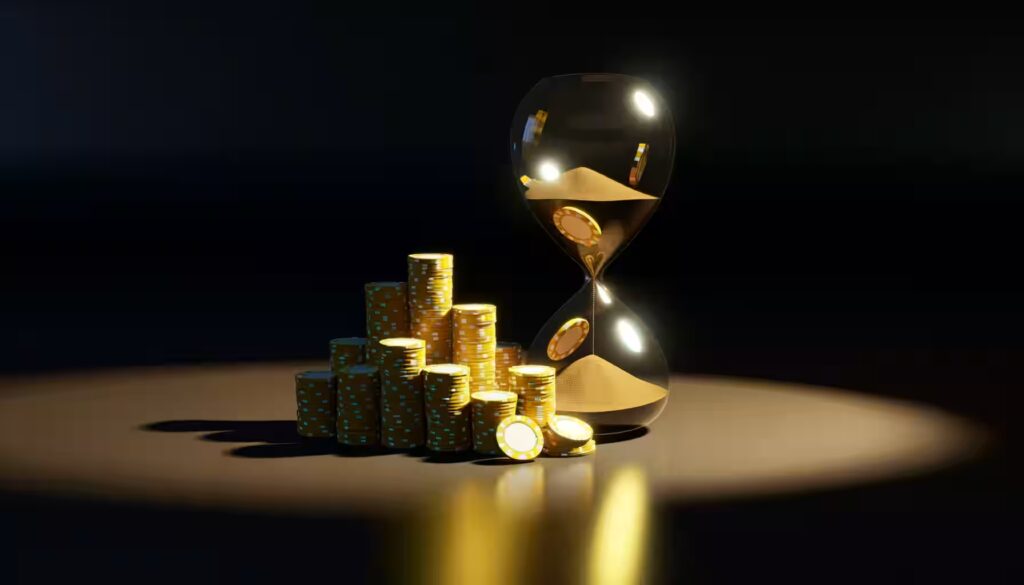 Casino Bonus Nachteile: 7 versteckte Fallen enthüllt 2 Casino-Chips fließen durch eine Sanduhr, die den Zeitdruck der Umsatzanforderungen symbolisiert.