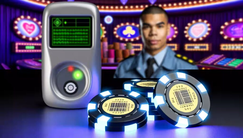 Casino Diebstahl: 8 raffinierte Tricks der Täter enthüllt 2 Nahaufnahme von Casino-Chips mit RFID-Technologie und Sicherheitsmerkmalen.