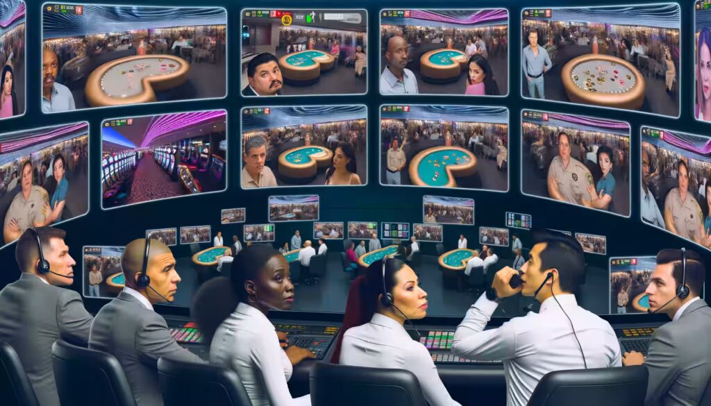 Casino Diebstahl: 8 raffinierte Tricks der Täter enthüllt 3 Ein Überwachungsraum mit Casino-Sicherheitsleuten, die mehrere Bildschirme mit Live-Aufnahmen überwachen.
