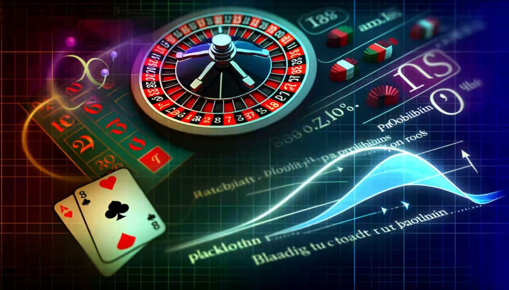 Gewinnchancen im Casino verbessern: 9 kluge Tricks 2 Ein stilisiertes 3D-Diagramm mit Wahrscheinlichkeitskurven und mathematischen Formeln, die sich auf Casino-Spiele beziehen. Im Vordergrund ein Roulette-Rad mit hervorgehobenen Gewinnzahlen und Wahrscheinlichkeitsberechnungen, daneben Blackjack-Karten mit strategischen Tipps. Blaue und rote Lichter sorgen für einen technologischen, analytischen Look, der das strategische Element des Glücksspiels betont.