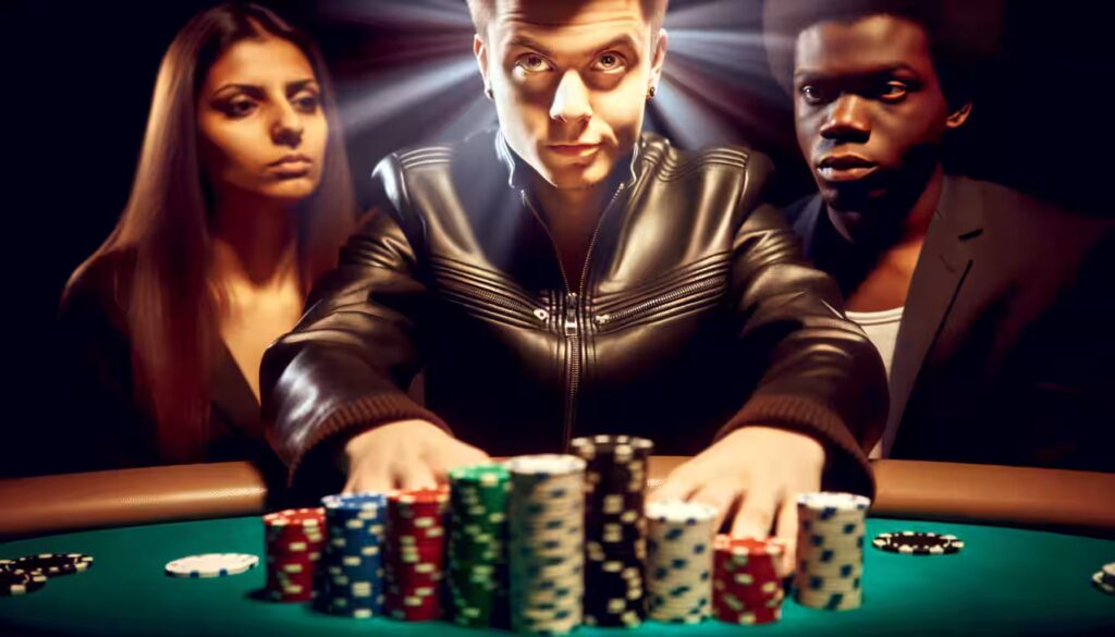 Ein Pokerspieler setzt alles auf seinen Bluff im Five Card Draw.