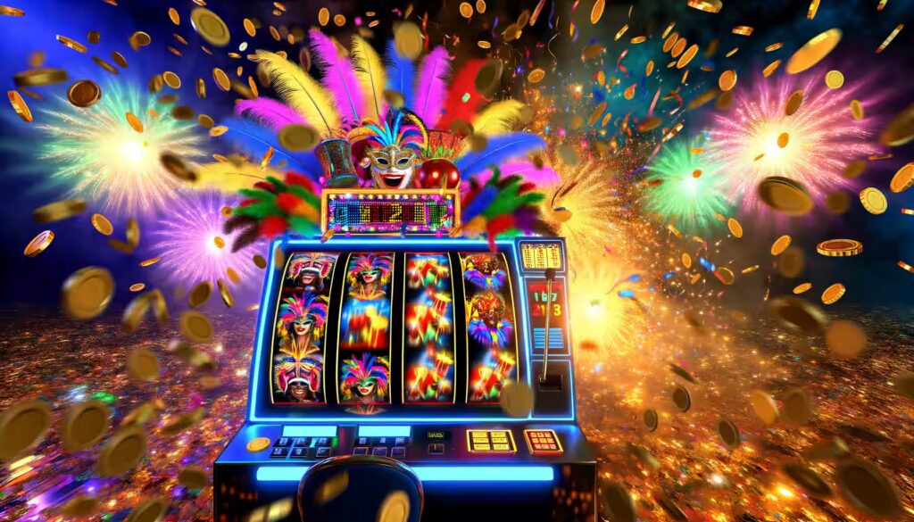Ein bunter Karnevals-Spielautomat mit Masken, Trommeln und leuchtenden Neonlichtern in einem lebhaften Casino.