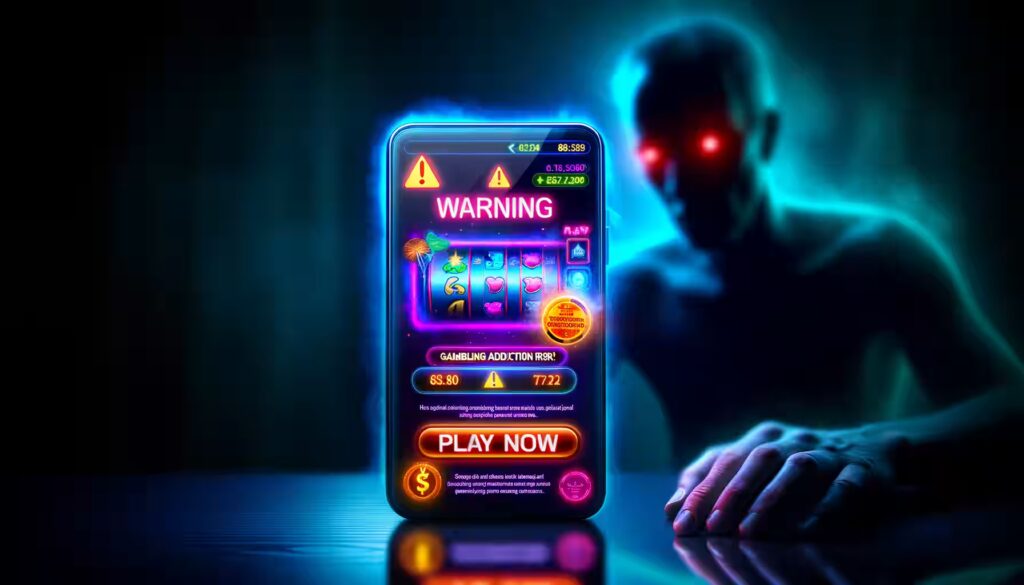 Ein Smartphone mit einer Casino-App und einer Spielsucht-Warnung.