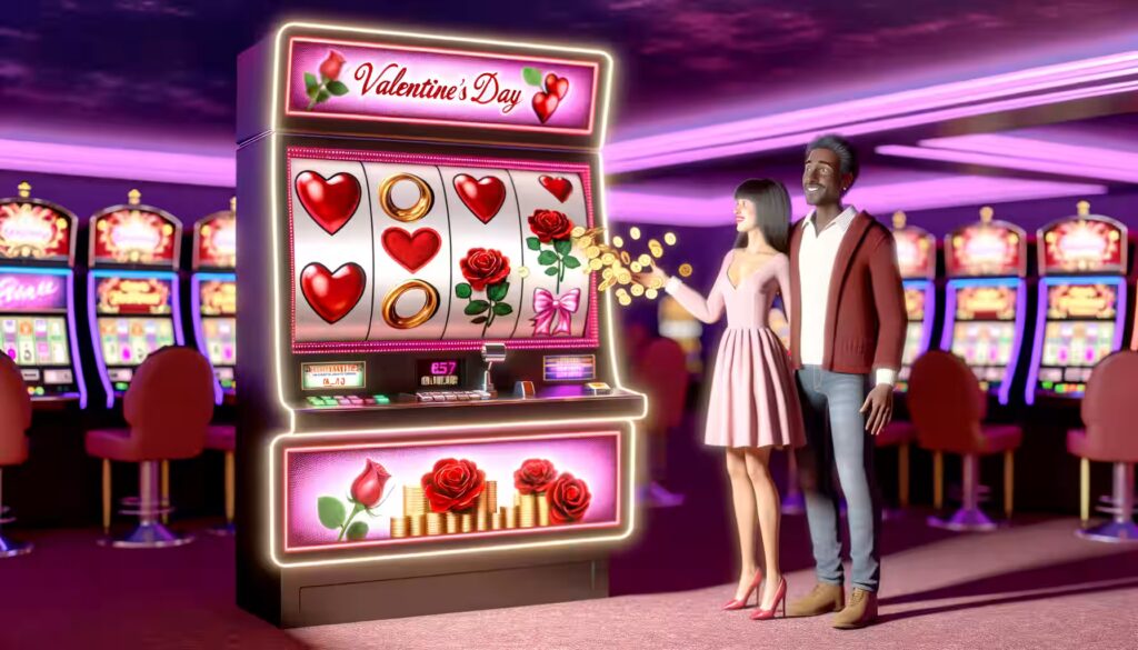 Ein Valentinstag-Spielautomat mit Herzen, Rosen und goldenen Ringen, in einer romantischen Casino-Atmosphäre.